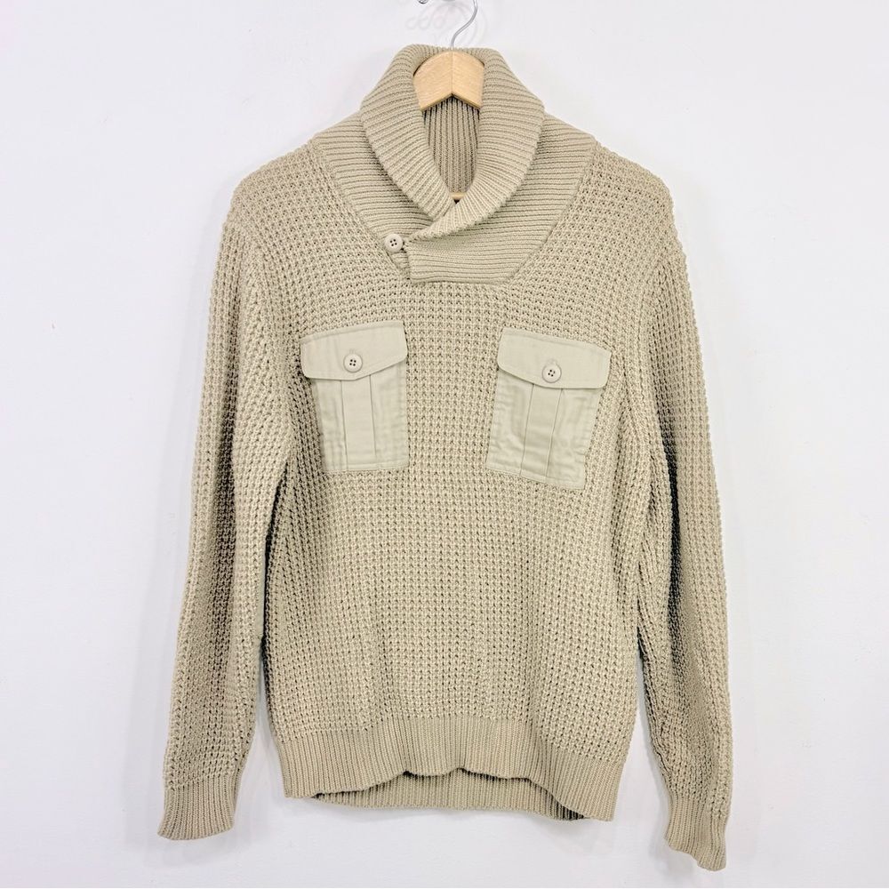 Dockers Tan Waffle Knit Shawl Collar Patch Elbow Military  Fisherman Sweater